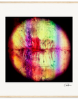 A close-up of lips with vibrant, multicolored streaks on a black background, this fine art print comes in a wood frame with a white mat—ideal for stylish interior design.