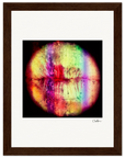 A dark wood framed fine art print showcases a close-up of lips with bright multicolored streaks and textured effects on a white background. The artist’s signature appears in the bottom right, ideal for mindful home decor.
