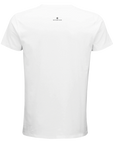 A plain white short-sleeve t-shirt shown from the back features a small black logo and the word INTENTION near the neckline. Made with mindful apparel, it's set against a solid white background.