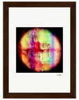 A framed fine art print in a dark wood frame showcases colorful, abstract lips painted with overlapping red, yellow, green, and purple on a white background—a striking inspirational wall art piece signed at the bottom right.