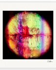 A close-up of lips, overlaid with a vibrant rainbow spectrum and textured effects, stands out on a black background bordered by a white frame. Ideal as wall art for mindful decor, the artist’s signature marks the lower right corner.