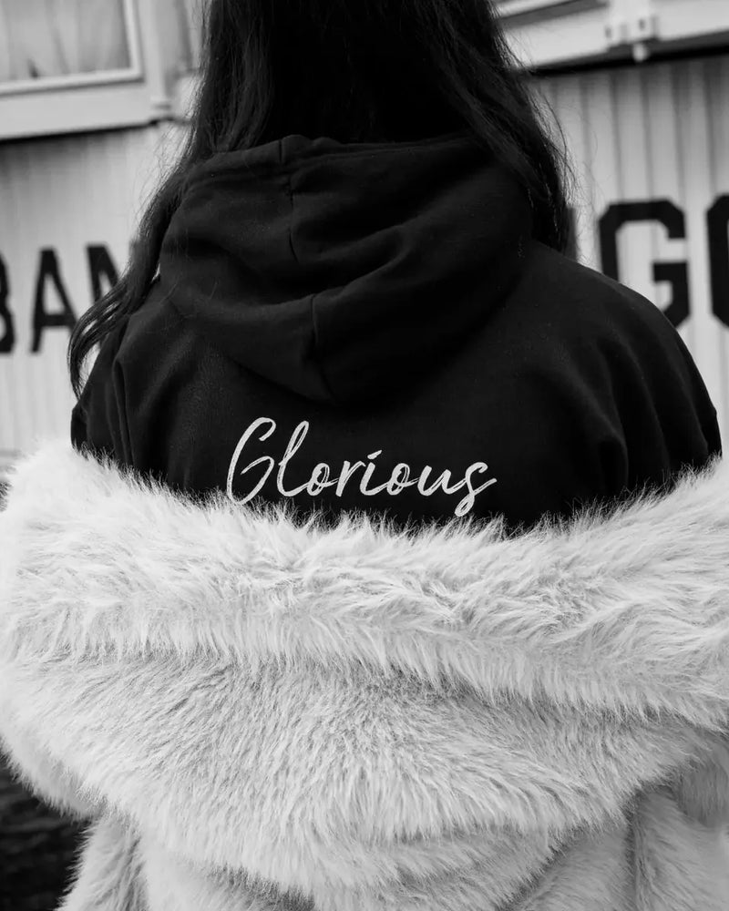 Glorious, "Blast Off" organic hoodie seen from the back with the Word of Intention across the shoulders