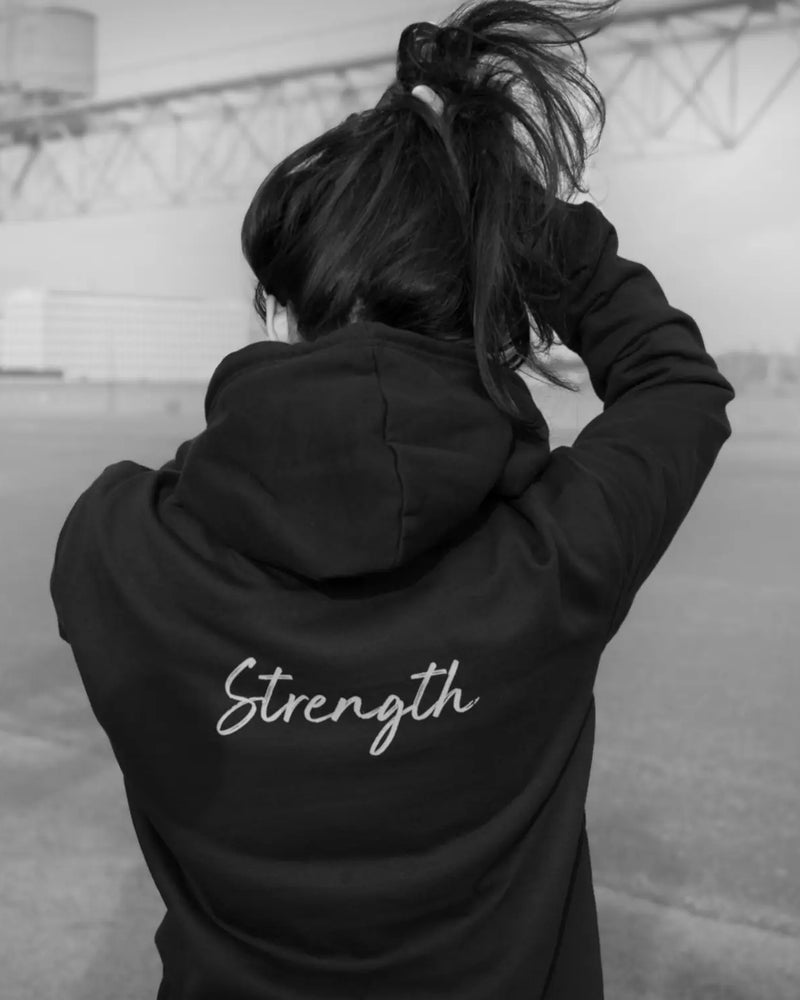 Strength, "Misty Mind" organic hoodie seen from the back with the Word of Intention across the shoulders