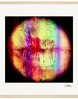 A close-up of lips with rainbow textures forms abstract art, presented in a gallery-quality wood frame and signed in the bottom right corner—a vivid, striking piece for mindful home decor.