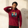 Alive - "Moving Smiles" Burgundy Hoodie worn against a sunlit plaster wall