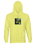 A light yellow hooded sweatshirt with an art print of two colorful high-heeled shoes on an abstract background, ideal for conscious fashion lovers.