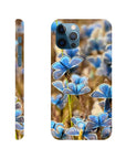 A phone case featuring photo art of blue butterflies on plants. Shown from back and side angles, it highlights the detailed butterfly pattern, camera cutout, and varied textures for a striking art print look.