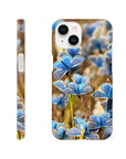 Photo art phone case with multiple blue butterflies on a blurred natural background, featuring artistic textures. The word “INTENTION” appears at the bottom. Case is shown from both side and back angles.