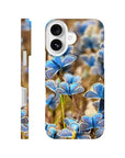 A phone case featuring a photo art close-up of multiple blue butterflies resting on small blue flowers, enhanced by delicate textures and a blurred natural background. The case design includes precise camera and button cutouts.