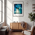 Bubbles and Sky Sticks Framed print 70x100 cm / 28x40″ Dark wood frame in interior
