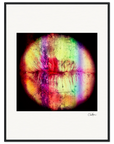 A close-up of lips features vivid rainbow stripes and abstract textures, framed in black with a white background and a small signature at the bottom right.