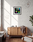 Dancing in Colours Framed print 40x40 cm / 16x16″ Black frame in interior