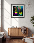 Dancing in Colours Framed print 70x70 cm / 28x28″ Black frame in interior