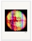 A circular abstract image resembling lips in vibrant colors and vertical bands of red, yellow, green, blue, and purple, framed in a white gallery-quality frame with a signature at the bottom right—a striking fine art print.