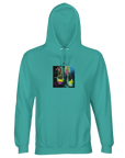 A pool blue hooded sweatshirt with a central art print of two vibrant high-heeled shoes on a dark artistic background—ideal for those who value mindful apparel.