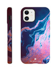 A smartphone case featuring photo art with a blue, pink, and purple marble pattern. The case is shown from the back and side, highlighting detailed textures, button cutouts, and the brand name INTENTION on the lower back.