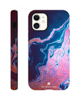A smartphone case featuring vibrant photo art with blue, pink, and purple swirl textures, shown from the back and side. The word INTENTION is printed near the bottom of the back view.