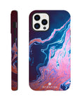 A smartphone case shown from the back and side, featuring a swirling abstract design in blue, pink, and purple tones with textured photo art and the word “INTENTION” printed near the bottom.