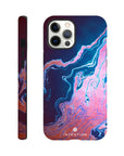 A smartphone case featuring a marble-like abstract design in pink, purple, and blue tones is shown from the back and side. The word INTENTION is printed at the bottom on the back, highlighting unique photo art textures.