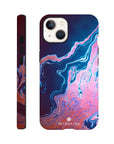A smartphone case featuring swirling blue, pink, and purple marbled textures in a photo art style, shown from the back and side. The word INTENTION appears near the bottom of the case.