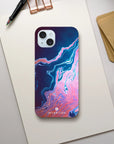 A smartphone with a blue and pink abstract swirl case labeled INTENTION lies on a blank sheet of paper, surrounded by a pen, brown folders, and a small spiral notebook—capturing photo art textures in an everyday setting.
