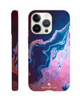 An iPhone with a protective case featuring blue, pink, and purple marble textures. The case is branded INTENTION at the bottom. Both the back and side views of the phone highlight its art print-inspired design.