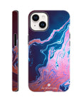 A phone case featuring a marble-like abstract design in blue, pink, and purple tones with artistic textures. The word INTENTION is printed near the bottom. The case is shown from the back and side.
