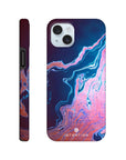 A smartphone case with a marbled abstract design in blue, pink, and purple tones features art print textures. The word INTENTION is printed near the bottom on the back view, shown from both the back and side.