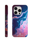 A phone case featuring a swirling abstract design in blue, pink, and purple tones is shown from the back and side. The word INTENTION is printed near the bottom, highlighting art print textures on the back.