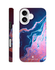 A phone case with an abstract photo art design featuring swirling blue, pink, and purple textures is shown from the back and side. The word INTENTION is printed near the bottom on the back.
