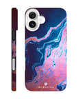 A phone case with a swirling abstract pattern in blue, pink, and purple tones is shown from the back and side. The word INTENTION is printed at the bottom of the back view, highlighting its unique art print textures.