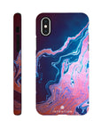 A smartphone case featuring a swirling abstract art print in pink, blue, and purple tones. The word INTENTION is printed near the bottom. The side view highlights the case’s slim profile, button cutouts, and vibrant photo art textures.