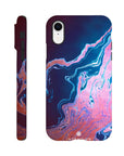 A smartphone case featuring swirling abstract photo art in blue, pink, and white textures is shown from the side and back angles. The brand name Intention is printed in small letters at the bottom.