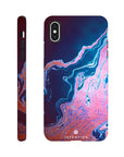 A phone case featuring a marbled abstract photo art design in blue, pink, and purple hues. The word INTENTION is printed near the bottom. Both the back and side views highlight the unique textures of this art print accessory.