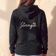 Strength - "Misty Mind" Hoodie Black worn from behind, the Word across the shoulder blades