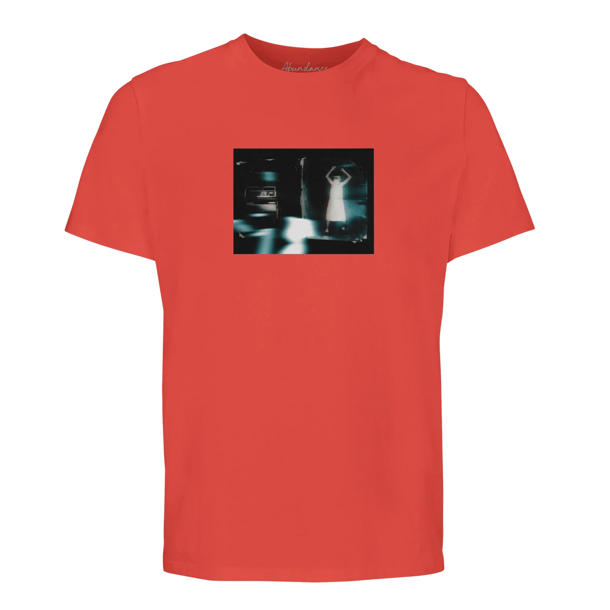 Abundance, the Photo Art piece Vibe of Life printed on a pop orange T-shirt