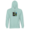 An arctic blue hooded sweatshirt with a front pocket, featuring an art print of high-heeled shoes on the chest—perfect for conscious fashion enthusiasts.