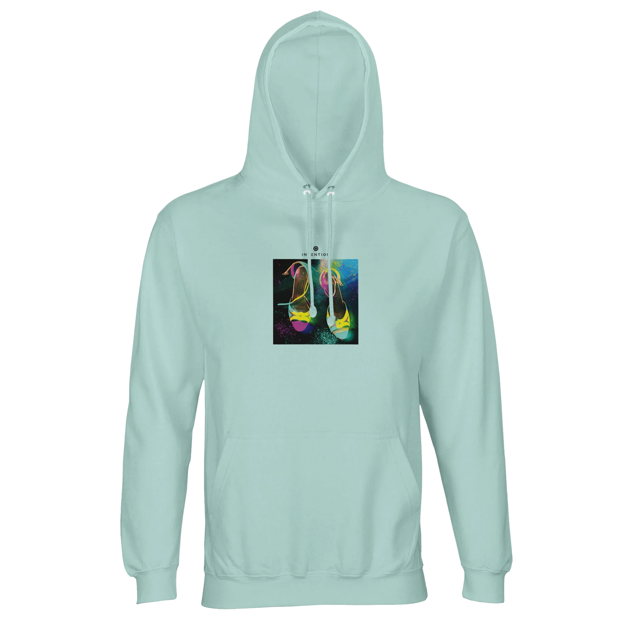 An arctic blue hooded sweatshirt with a front pocket, featuring an art print of high-heeled shoes on the chest—perfect for conscious fashion enthusiasts.