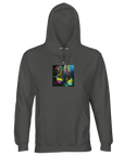 A charcoal melange hooded sweatshirt with an art print of high-heeled shoes on an abstract, multicolored background—ideal for fans of mindful apparel.