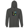 A charcoal melange hooded sweatshirt with an art print of high-heeled shoes on an abstract, multicolored background—ideal for fans of mindful apparel.
