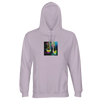 A lilak hooded sweatshirt with a centered graphic of colorful high-heeled shoes on a dark abstract background, featuring drawstrings and a front pouch pocket for comfort and style.