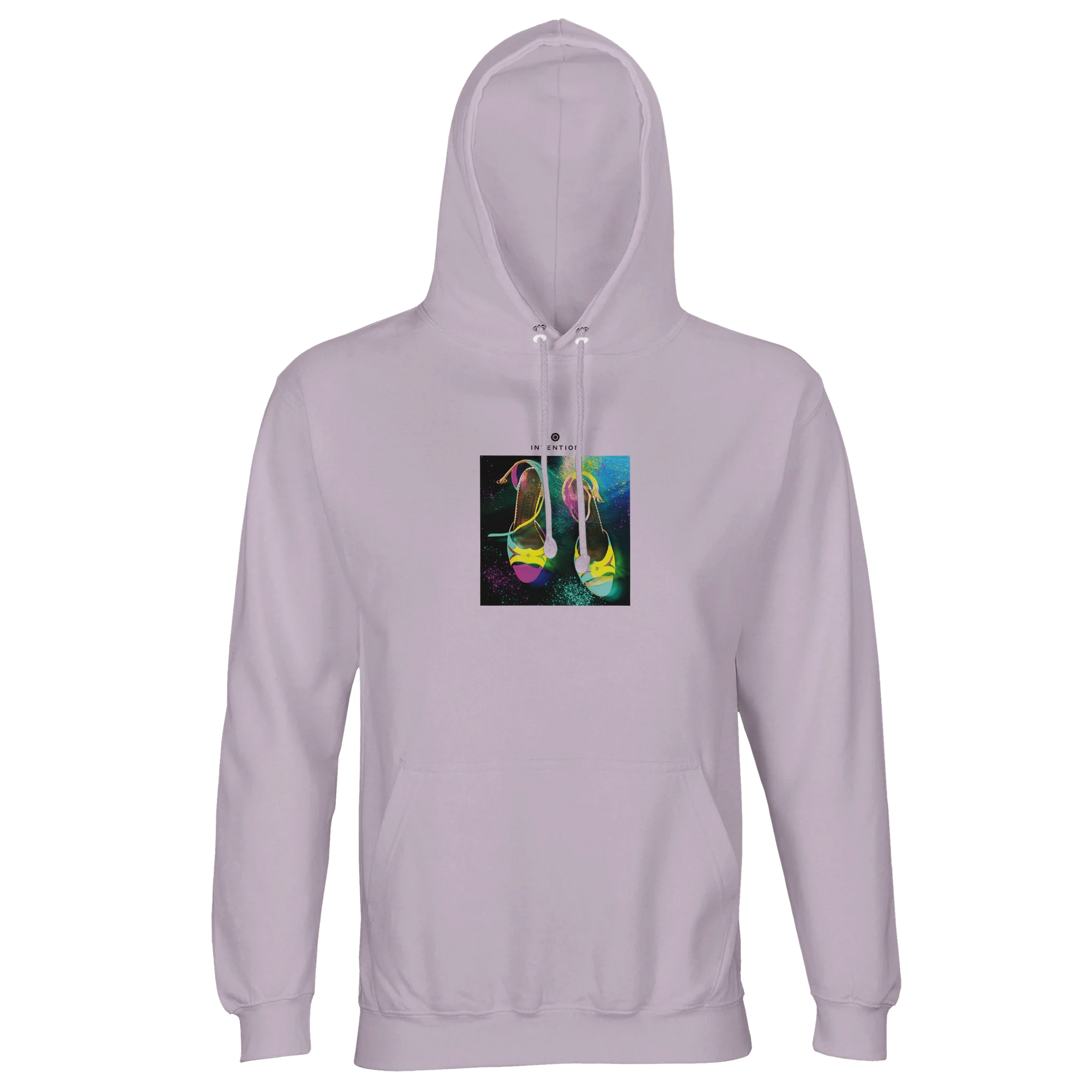 A lilak hooded sweatshirt with a centered graphic of colorful high-heeled shoes on a dark abstract background, featuring drawstrings and a front pouch pocket for comfort and style.