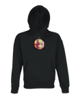 A black hoodie features a vibrant circular abstract graphic with digital distortion in red, yellow, and purple tones centered on the chest—a mindful addition to your conscious fashion wardrobe.