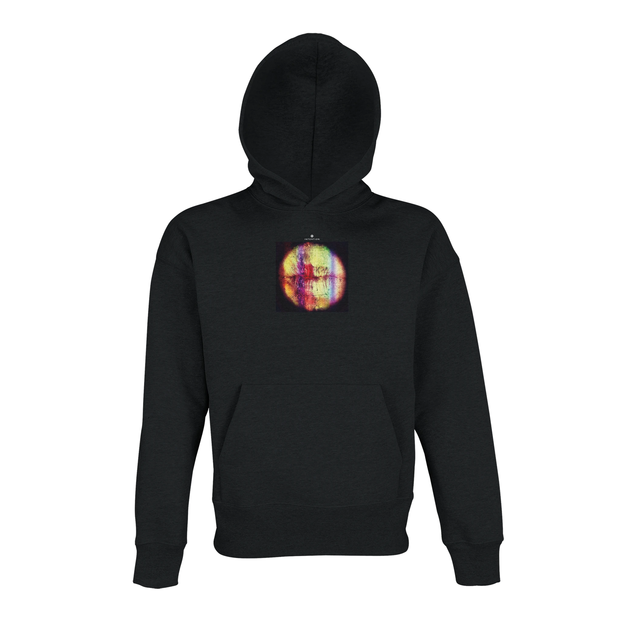 A black hoodie features a vibrant circular abstract graphic with digital distortion in red, yellow, and purple tones centered on the chest—a mindful addition to your conscious fashion wardrobe.