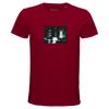 A burgundy short-sleeve t-shirt with a small, rectangular art graphic of a blurry figure and cars on the chest. "Abundance" is printed at the neckline, making this mindful piece both unique and expressive.