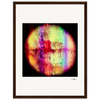 A framed fine art print in a dark wood frame features a circular, textured lips pattern in vivid red, yellow, green, purple, and black on a white background. Signed in the bottom right corner—ideal for conscious interior design.