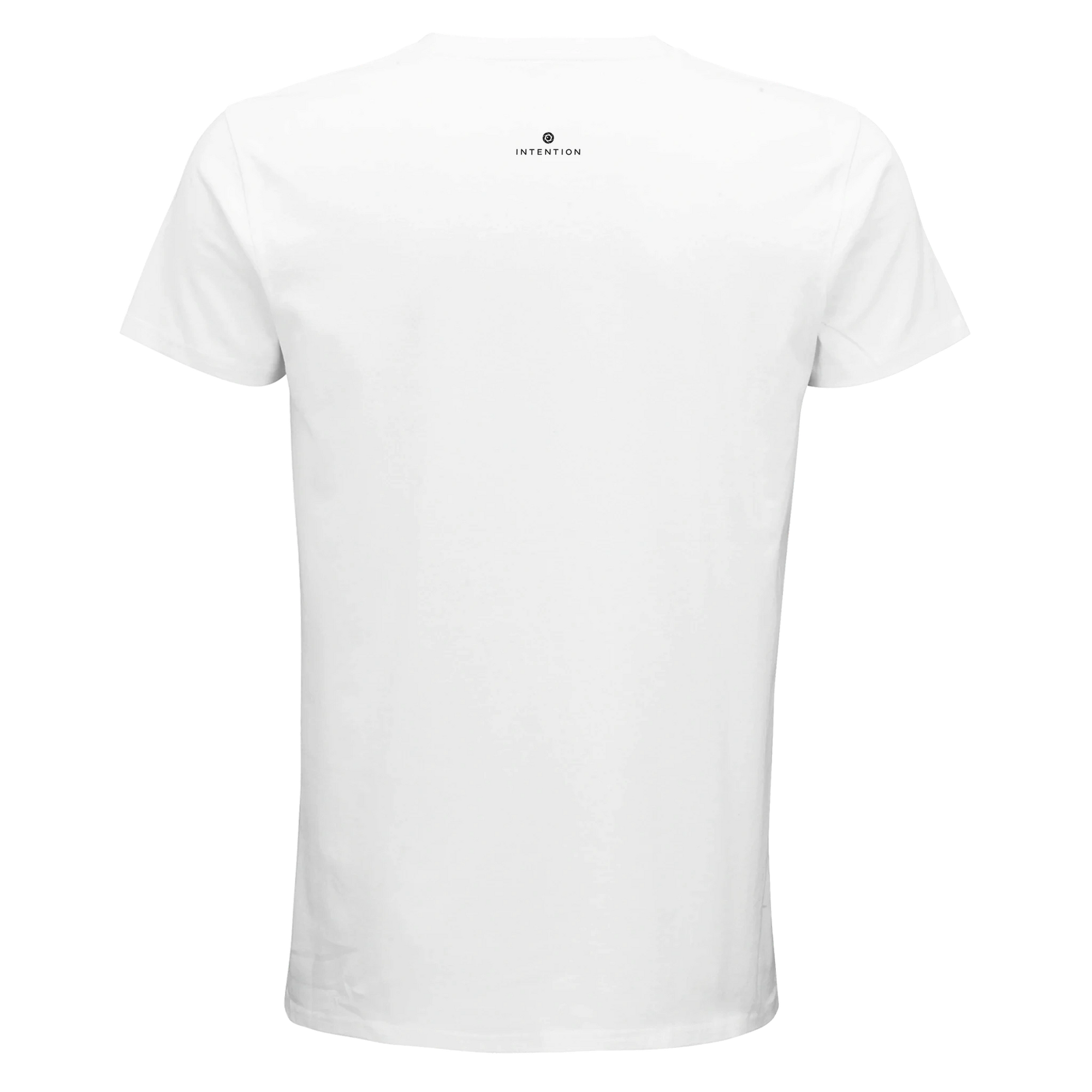 A plain white short-sleeve t-shirt shown from the back features a small black logo and the word INTENTION near the neckline. Made with mindful apparel, it's set against a solid white background.