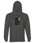 A charcoal melange hooded sweatshirt with an art print of metal hooks and mechanical parts on the front center. Features a front pocket and drawstrings, ideal for fans of conscious fashion.