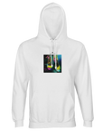 A white hoodie featuring an art print of two high-heeled shoes on a dark, multicolored background. This stylish and comfy piece has a front pocket, drawstrings, and blends conscious fashion with everyday comfort.
