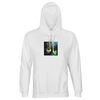 A white hoodie featuring an art print of two high-heeled shoes on a dark, multicolored background. This stylish and comfy piece has a front pocket, drawstrings, and blends conscious fashion with everyday comfort.